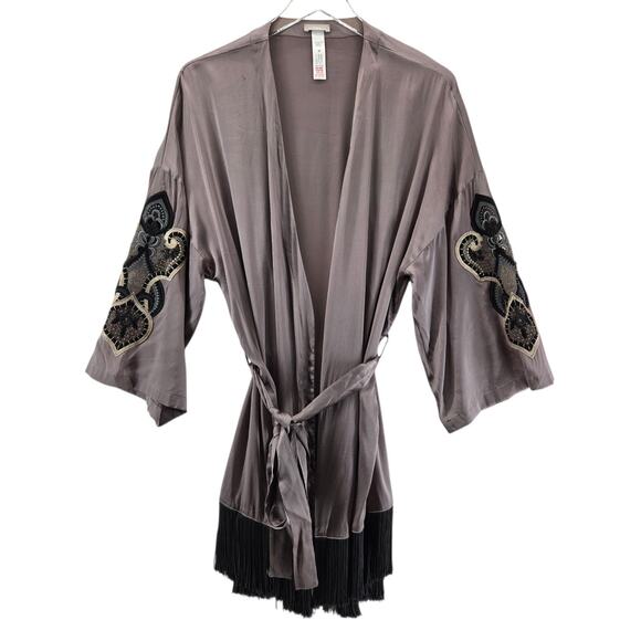 Hanro Of Switzerland Silk Kimono Robe Womens Medium Embroidered Fringed Purple - Picture 1 of 10